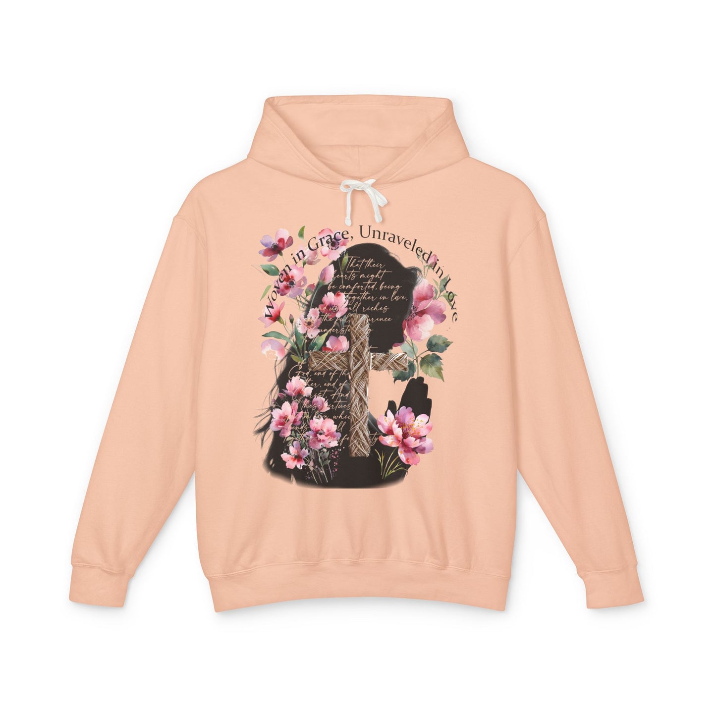 Woven in Grace Hoodie - Pink Floral Faith Verse Pullover with Cross & Prayer Silhouette