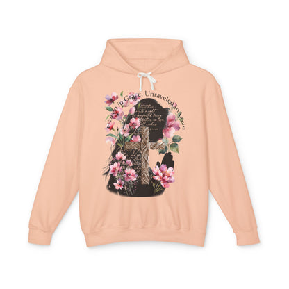 Woven in Grace Hoodie - Pink Floral Faith Verse Pullover with Cross & Prayer Silhouette