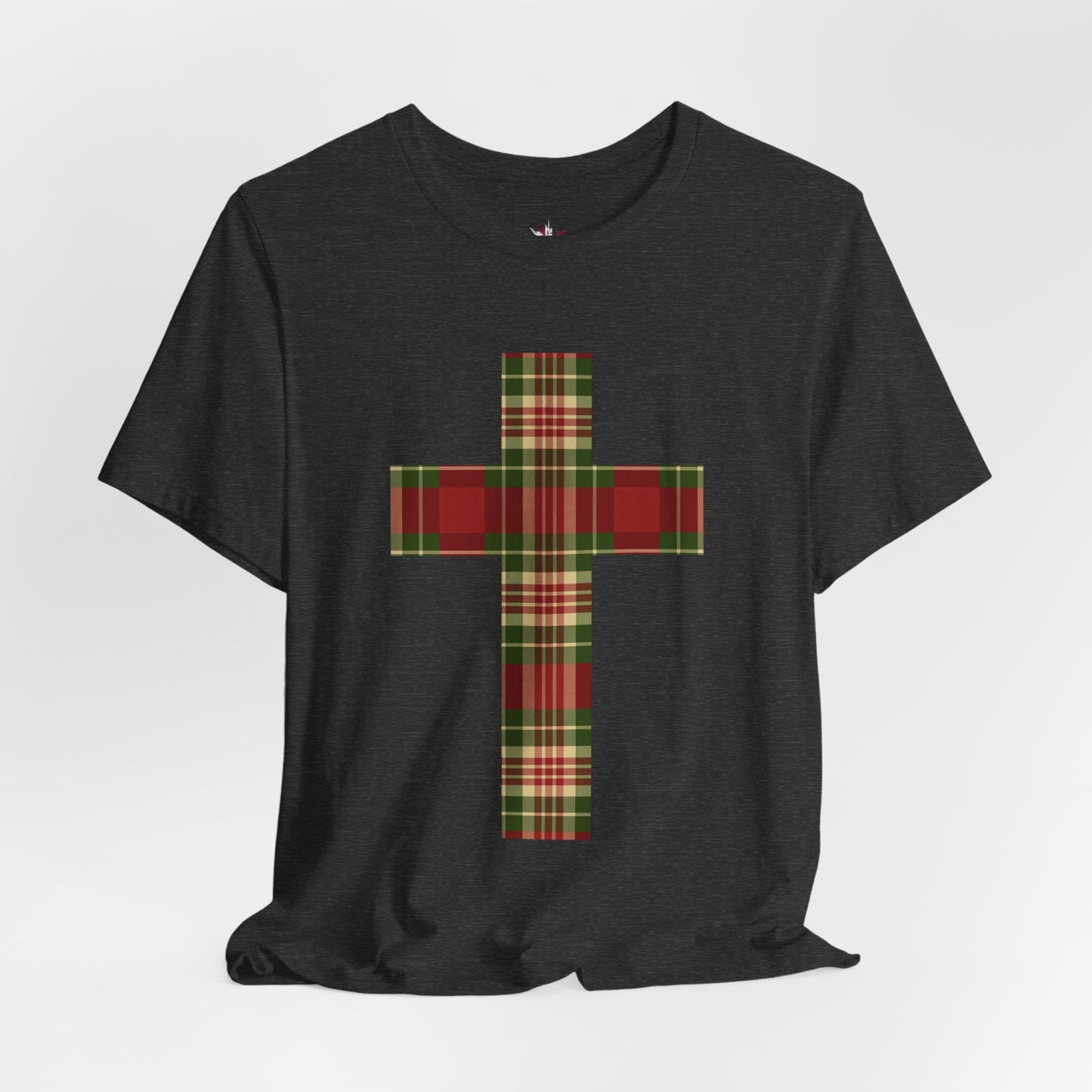 Plaid Cross Christmas Tee – Rustic Faith Holiday T-Shirt