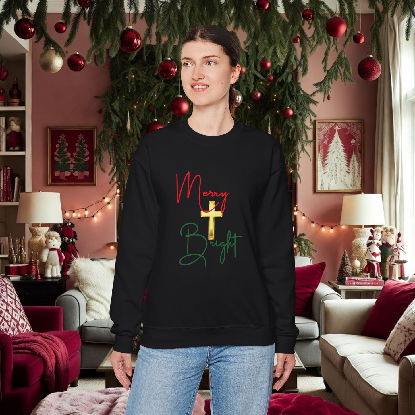 Merry & Bright Gold Cross Christmas Shirt – Faith Holiday Tee