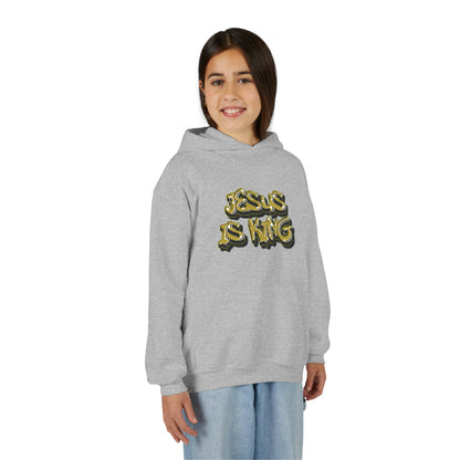 Youth gold on black 'Jesus Is King' hoodie, urban Christian apparel for young believers.

