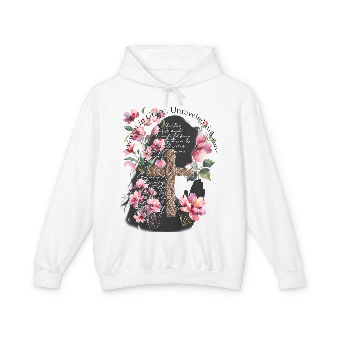Woven in Grace Hoodie - Pink Floral Faith Verse Pullover with Cross & Prayer Silhouette