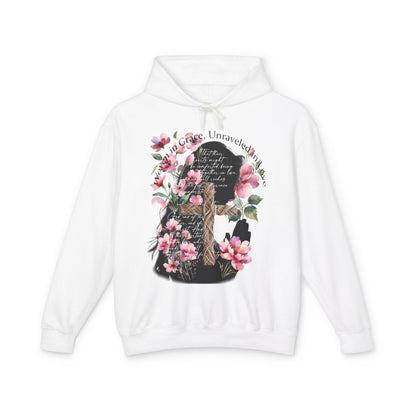 Woven in Grace Hoodie - Pink Floral Faith Verse Pullover with Cross & Prayer Silhouette