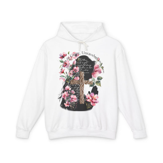 Woven in Grace Hoodie - Pink Floral Faith Verse Pullover with Cross & Prayer Silhouette