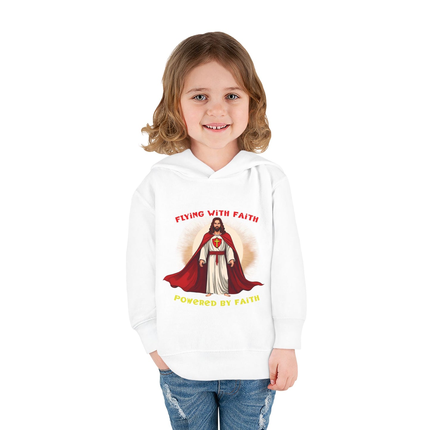 Toddler blue hoodie with Flying with Faith text and superhero Jesus graphic, vibrant Christian kids apparel

