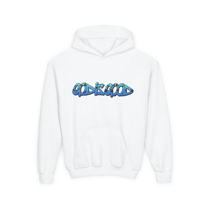 Youth black cotton hoodie with 'God is Good' text in bold white, Christian faith design for teens

