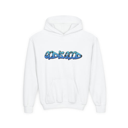 Youth black cotton hoodie with 'God is Good' text in bold white, Christian faith design for teens

