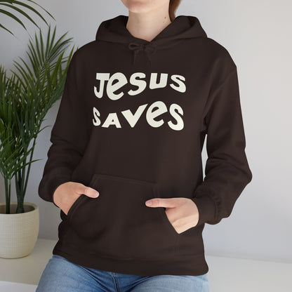 Women’s Christian hoodie with 'Jesus Saves' text, floral cross design, faith apparel for women


