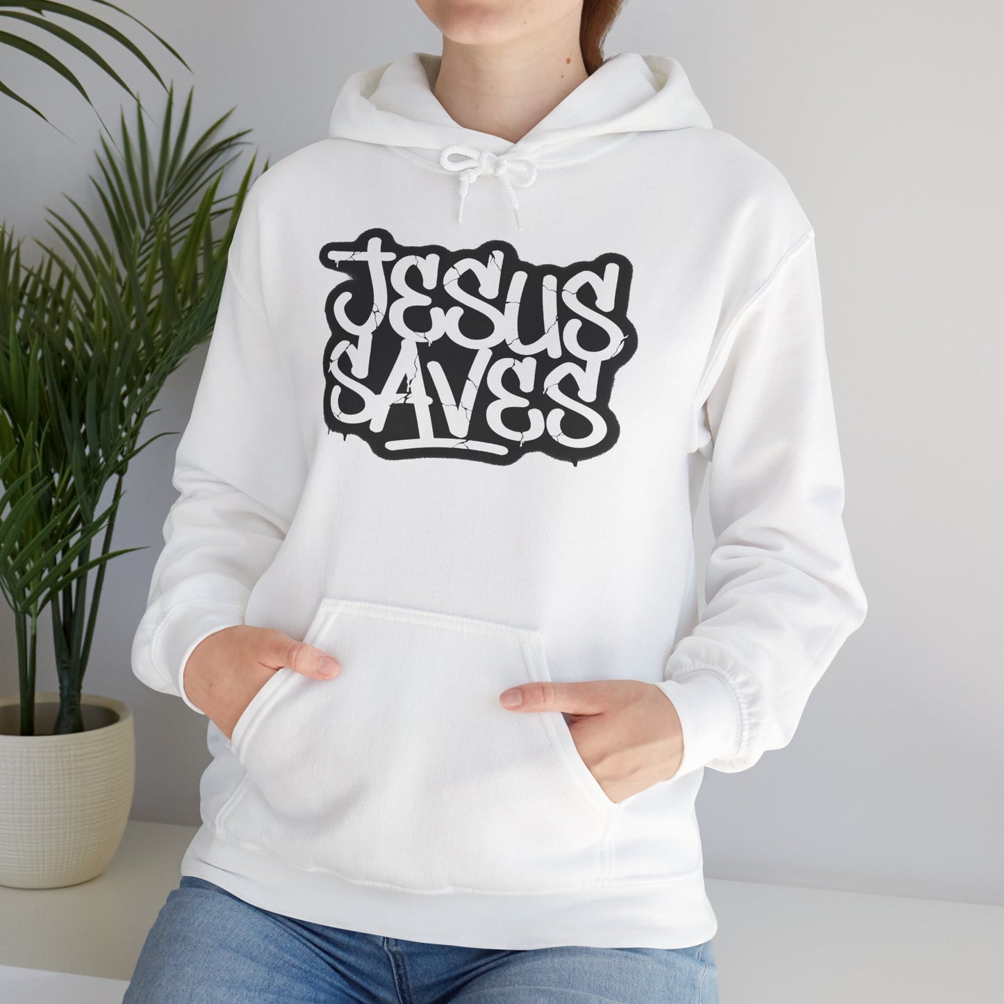 Jesus Saves graffiti hoodie front view white unisex  

