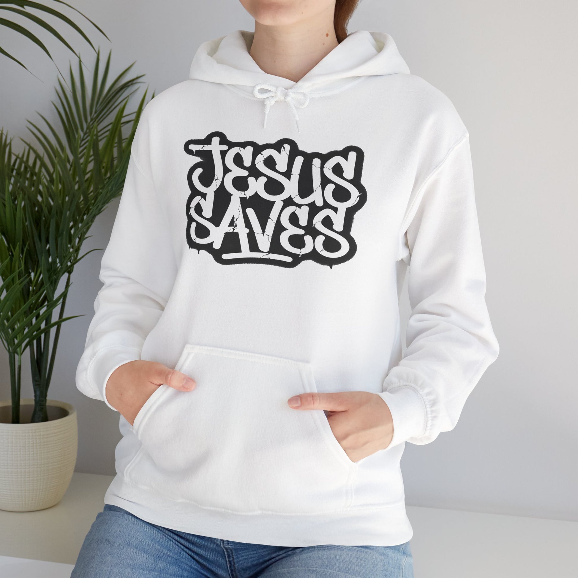 Jesus Saves graffiti hoodie front view white unisex  

