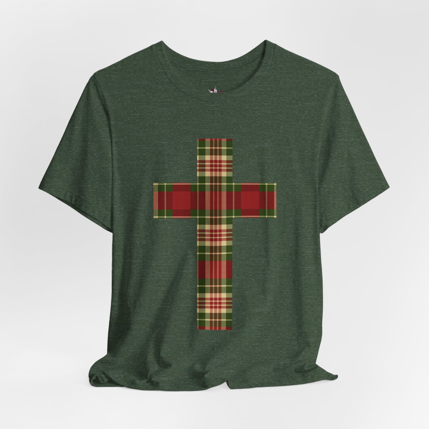Plaid Cross Christmas Tee – Rustic Faith Holiday T-Shirt