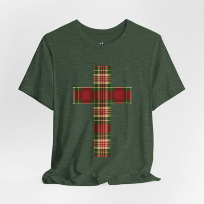 Plaid Cross Christmas Tee – Rustic Faith Holiday T-Shirt