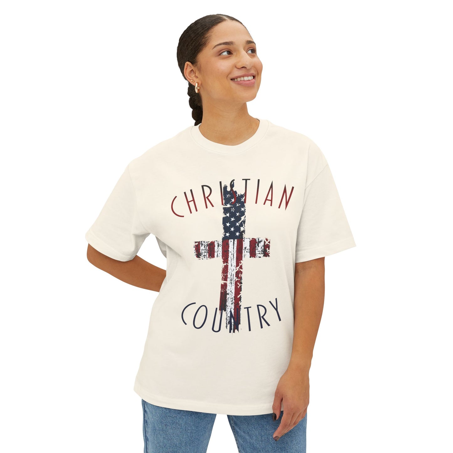 Christian Country American Flag Cross Oversized Box T-Shirt
