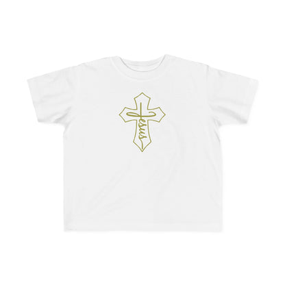 White t-shirt with a gold cross design on a white background