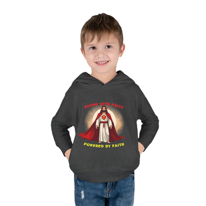 Toddler blue hoodie with Flying with Faith text and superhero Jesus graphic, vibrant Christian kids apparel

