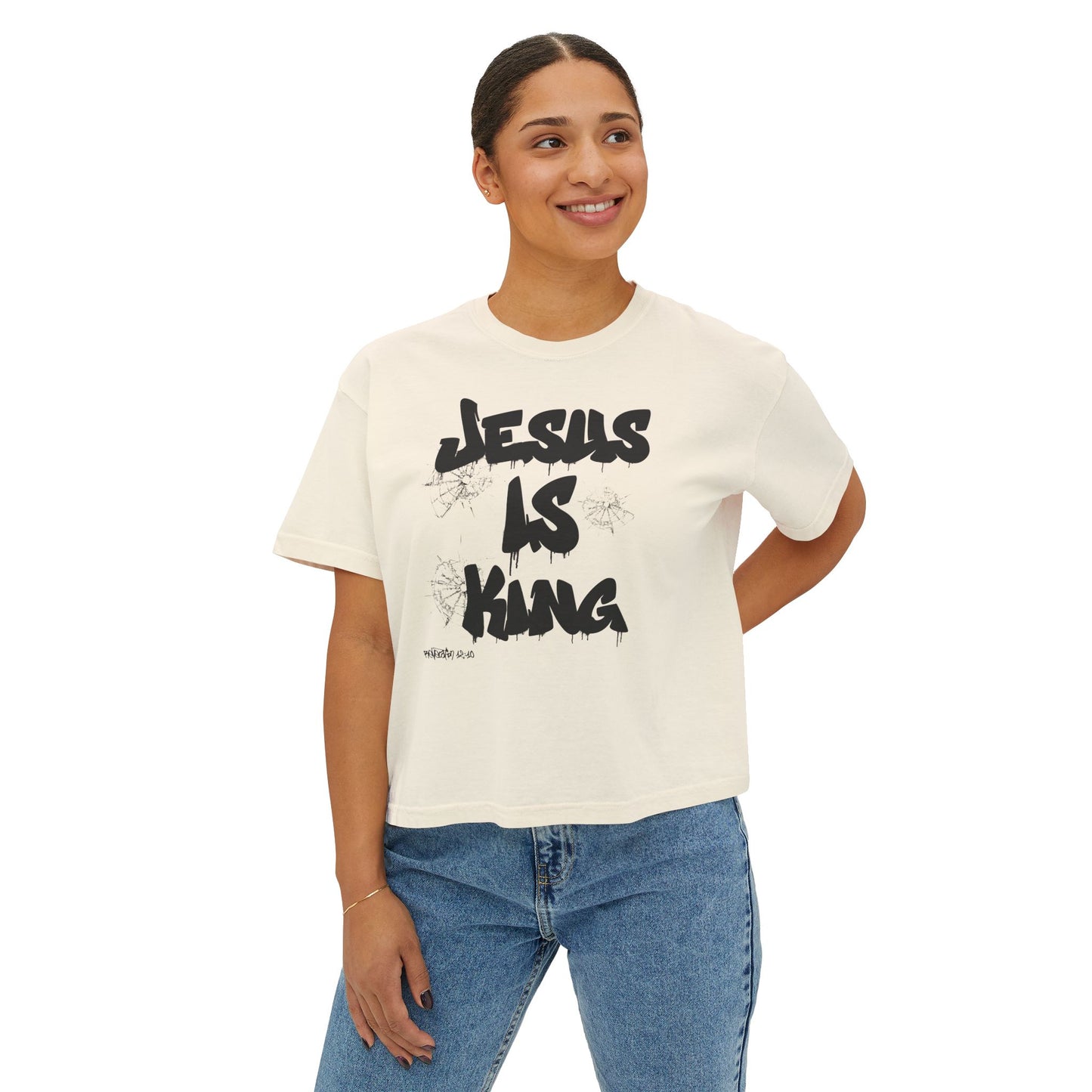 Forgiven & Dangerous Jesus Is King graffiti t-shirt in peachy pink on warrior model  

