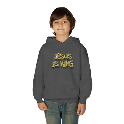 Youth gold on black 'Jesus Is King' hoodie, urban Christian apparel for young believers.

