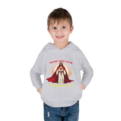 Toddler blue hoodie with Flying with Faith text and superhero Jesus graphic, vibrant Christian kids apparel

