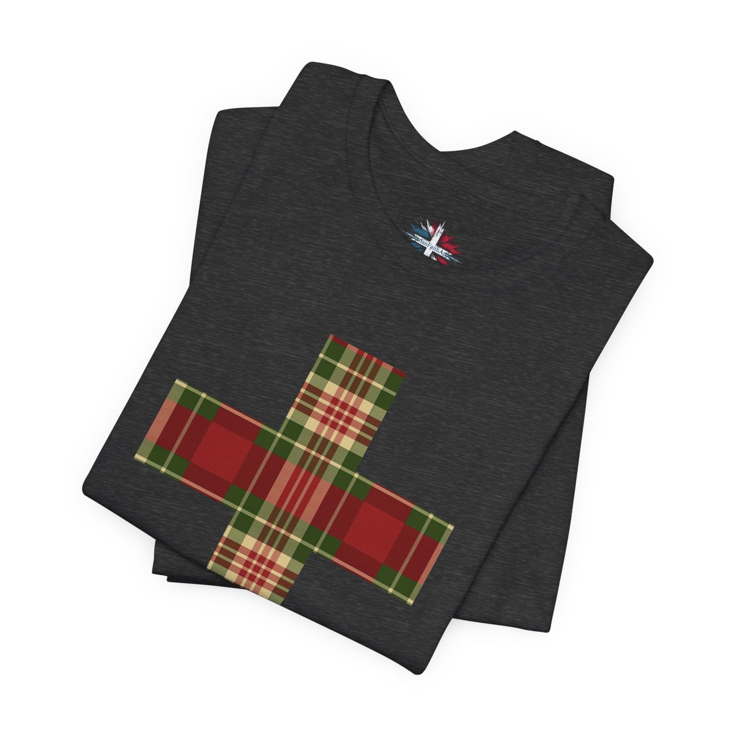Plaid Cross Christmas Tee – Rustic Faith Holiday T-Shirt