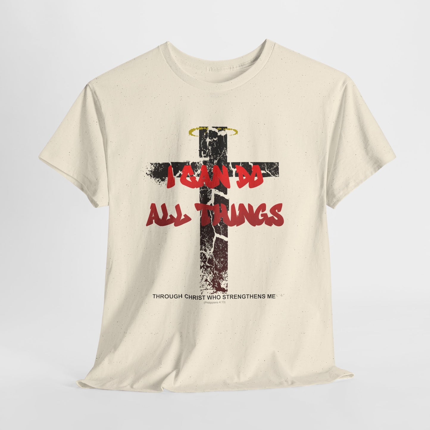 Shattered Cross Graffiti Philippians 4:13 Christian t-shirt with red distressed text integrated into cracked cross  

