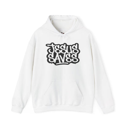 Jesus Saves graffiti hoodie front view white unisex  

