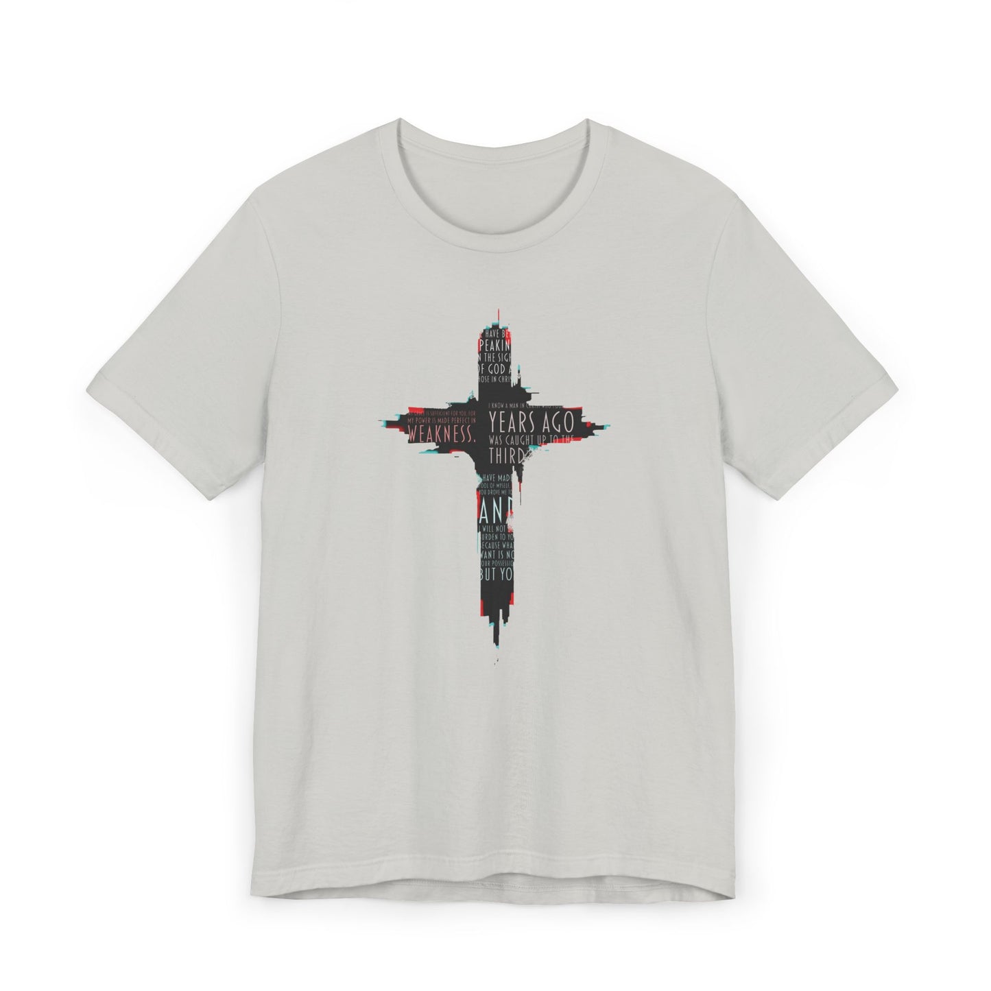 Glitched Cross Christian T-Shirt | Minimalist Bible Verse Grace Tee | Edgy Cyber Faith Streetwear | 2 Corinthians 12:9 Glitch Art