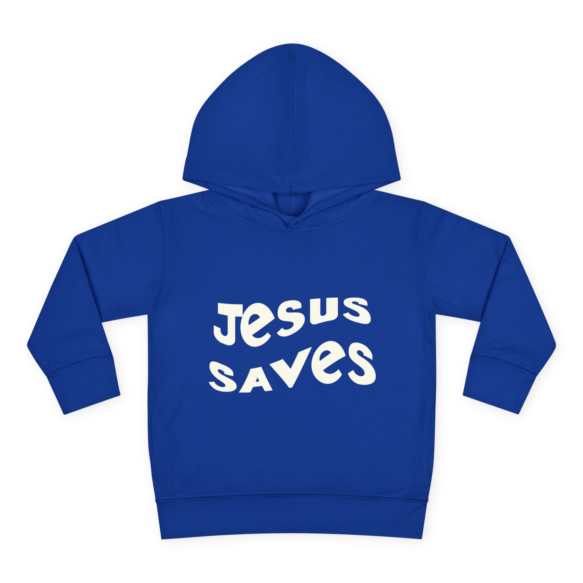 Kids' hoodie with 'Jesus Saves' text and cross graphic, vibrant Christian faith apparel for children.
