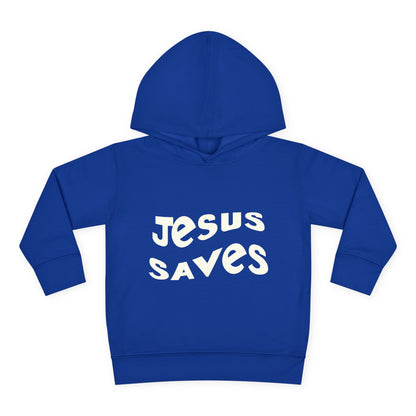 Kids' hoodie with 'Jesus Saves' text and cross graphic, vibrant Christian faith apparel for children.
