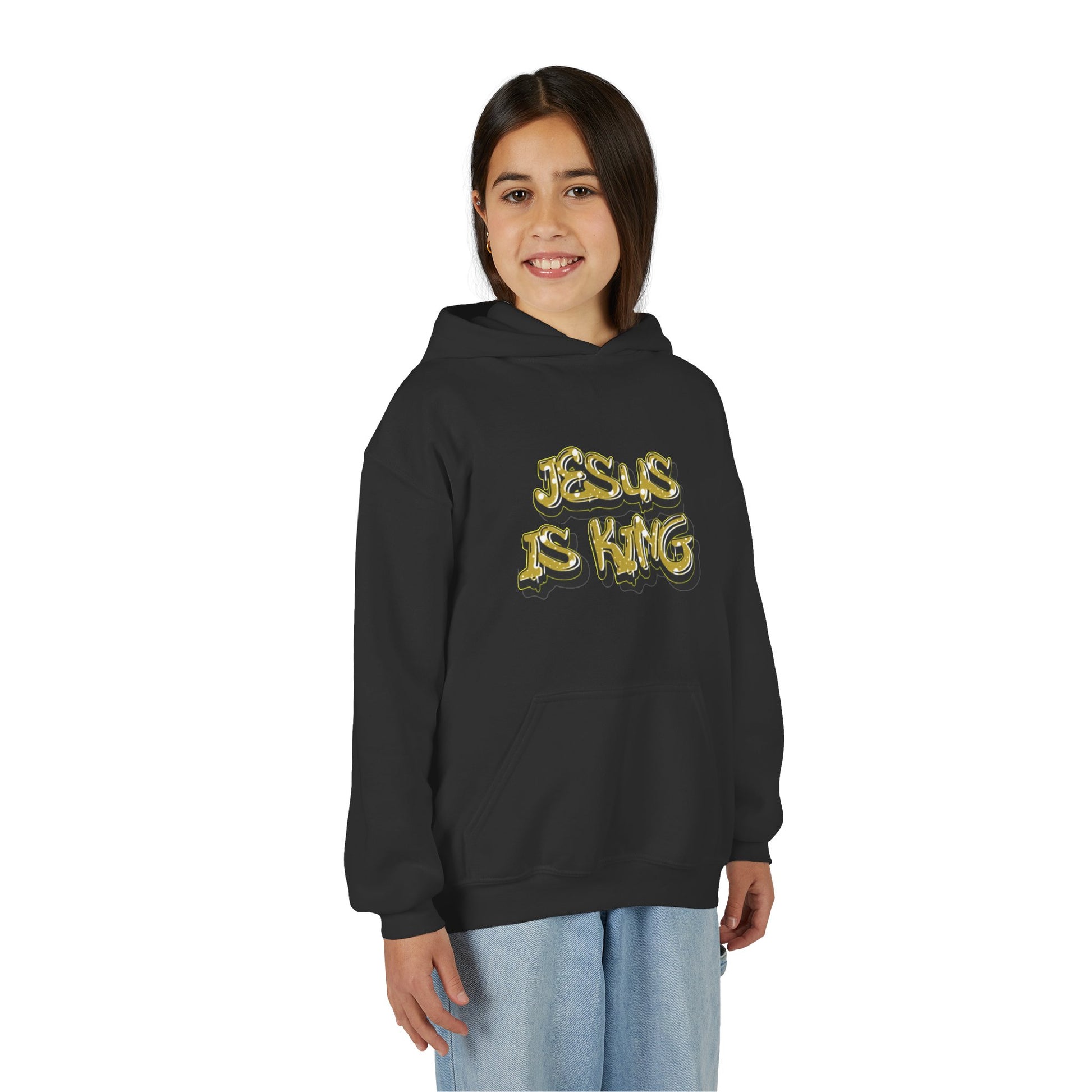 Youth gold on black 'Jesus Is King' hoodie, urban Christian apparel for young believers.

