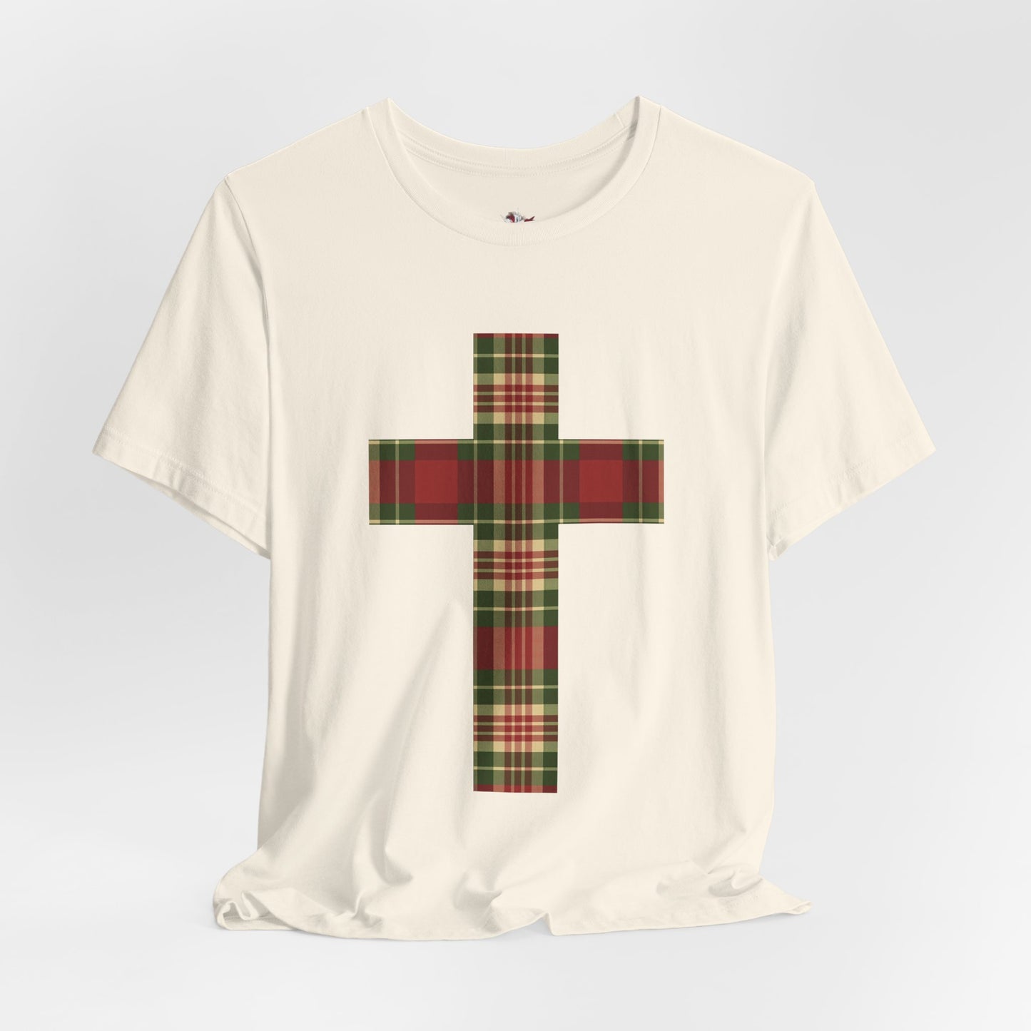 Plaid Cross Christmas Tee – Rustic Faith Holiday T-Shirt