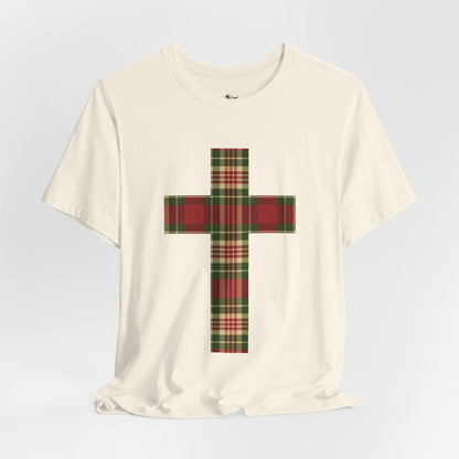 Plaid Cross Christmas Tee – Rustic Faith Holiday T-Shirt