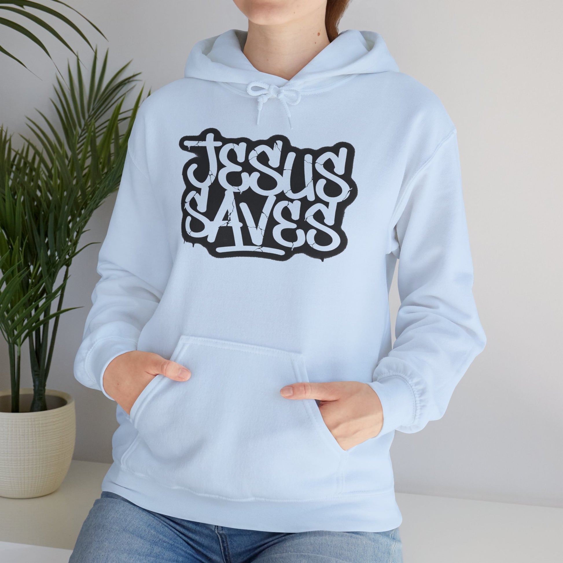 Jesus Saves graffiti hoodie front view white unisex  

