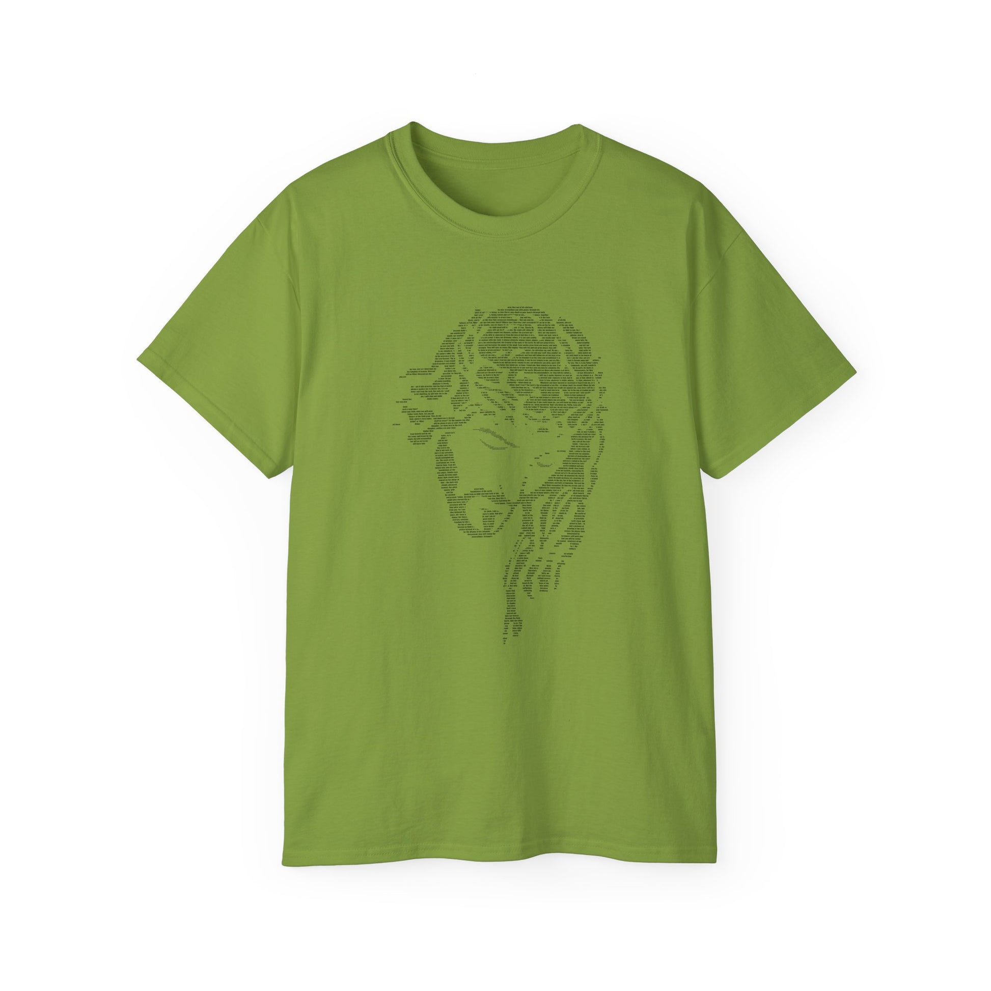 Green t-shirt with a graphic design on a white background