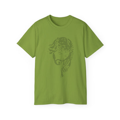 Green t-shirt with a graphic design on a white background