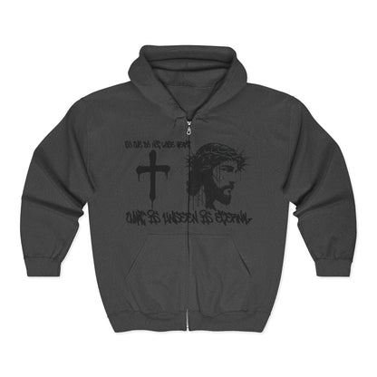 Distressed graffiti Jesus profile with dripping cross and “So We Do Not Lose Heart” text on Christian warrior hoodie  

