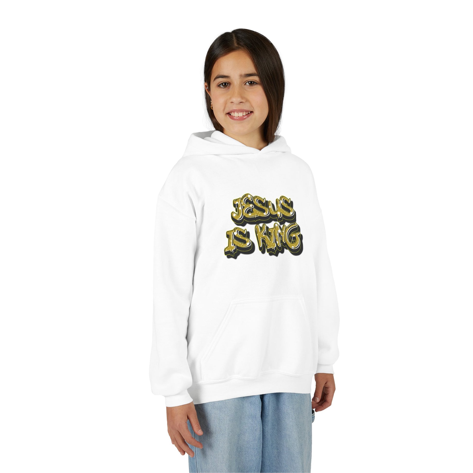 Youth gold on black 'Jesus Is King' hoodie, urban Christian apparel for young believers.

