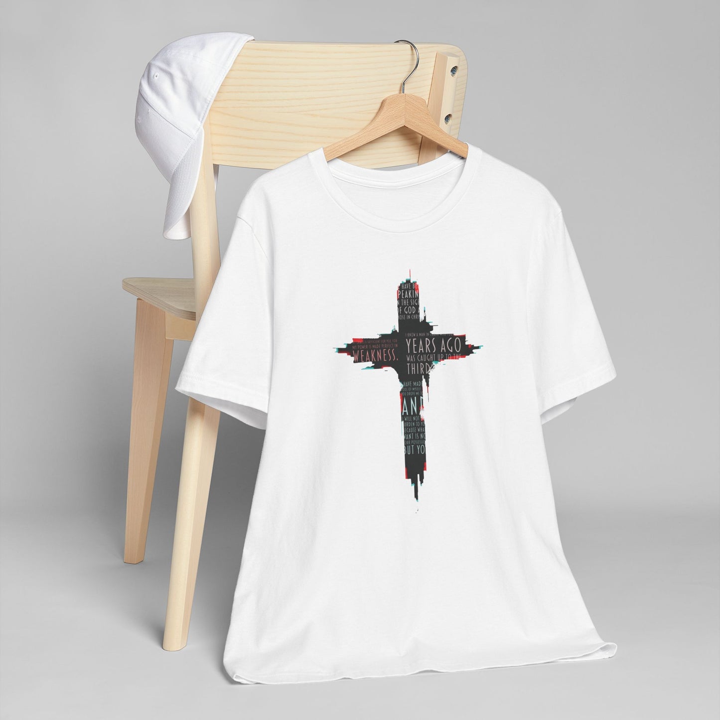 Glitched Cross Christian T-Shirt | Minimalist Bible Verse Grace Tee | Edgy Cyber Faith Streetwear | 2 Corinthians 12:9 Glitch Art