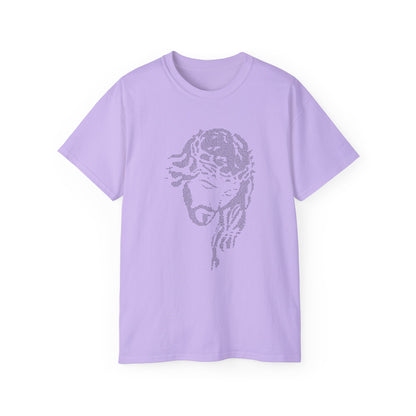 Lavender t-shirt with a graphic design on a white background