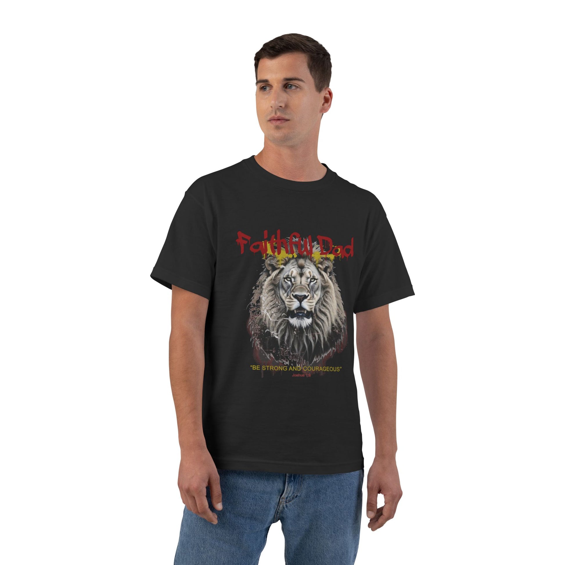 Front view of white Faithful Dad Joshua 1:9 lion graffiti Christian t-shirt

