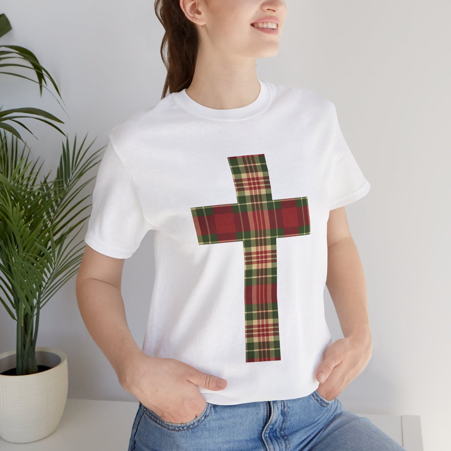 Plaid Cross Christmas Tee – Rustic Faith Holiday T-Shirt