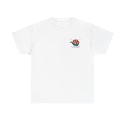 White t-shirt with a small logo on the chest against a white background