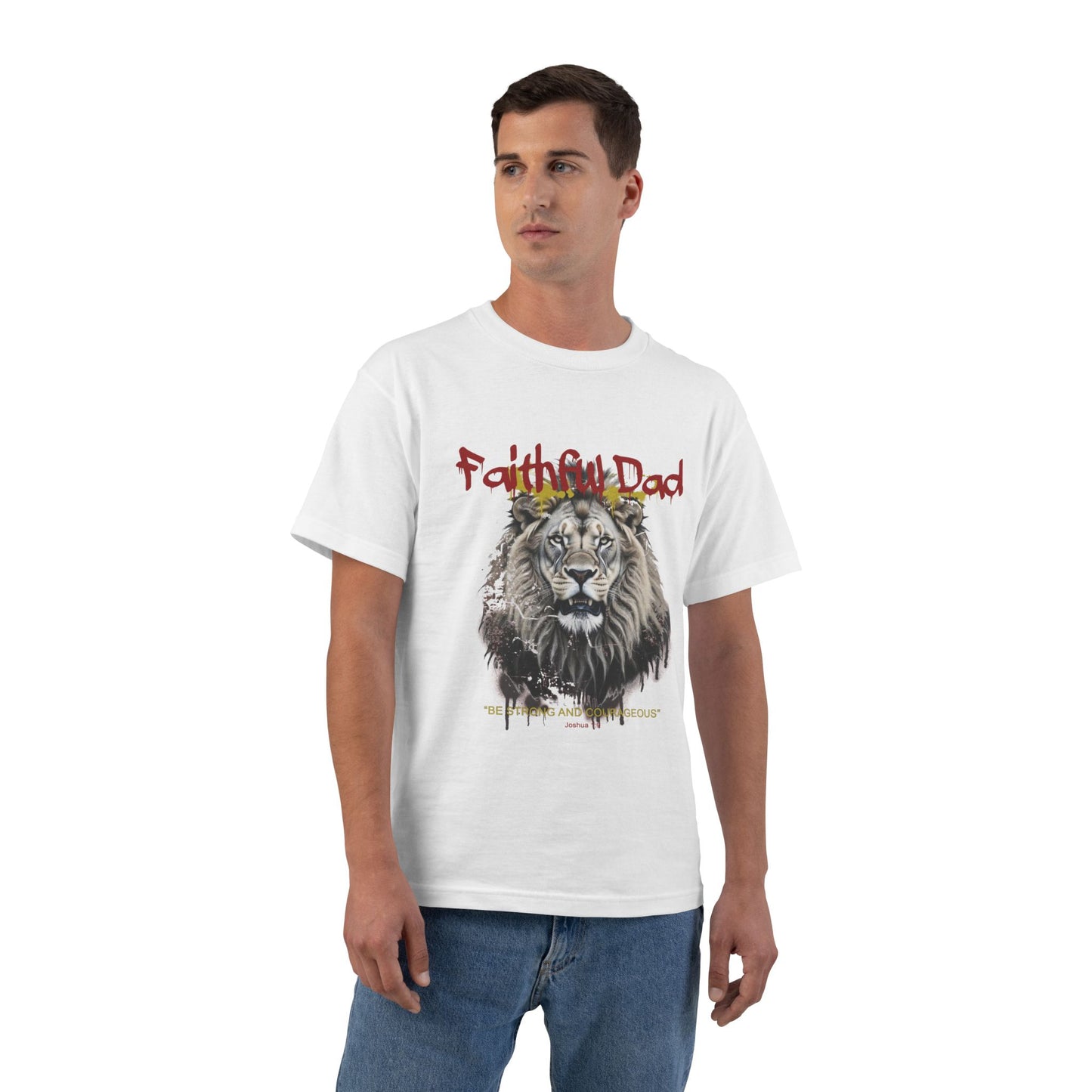 Front view of white Faithful Dad Joshua 1:9 lion graffiti Christian t-shirt

