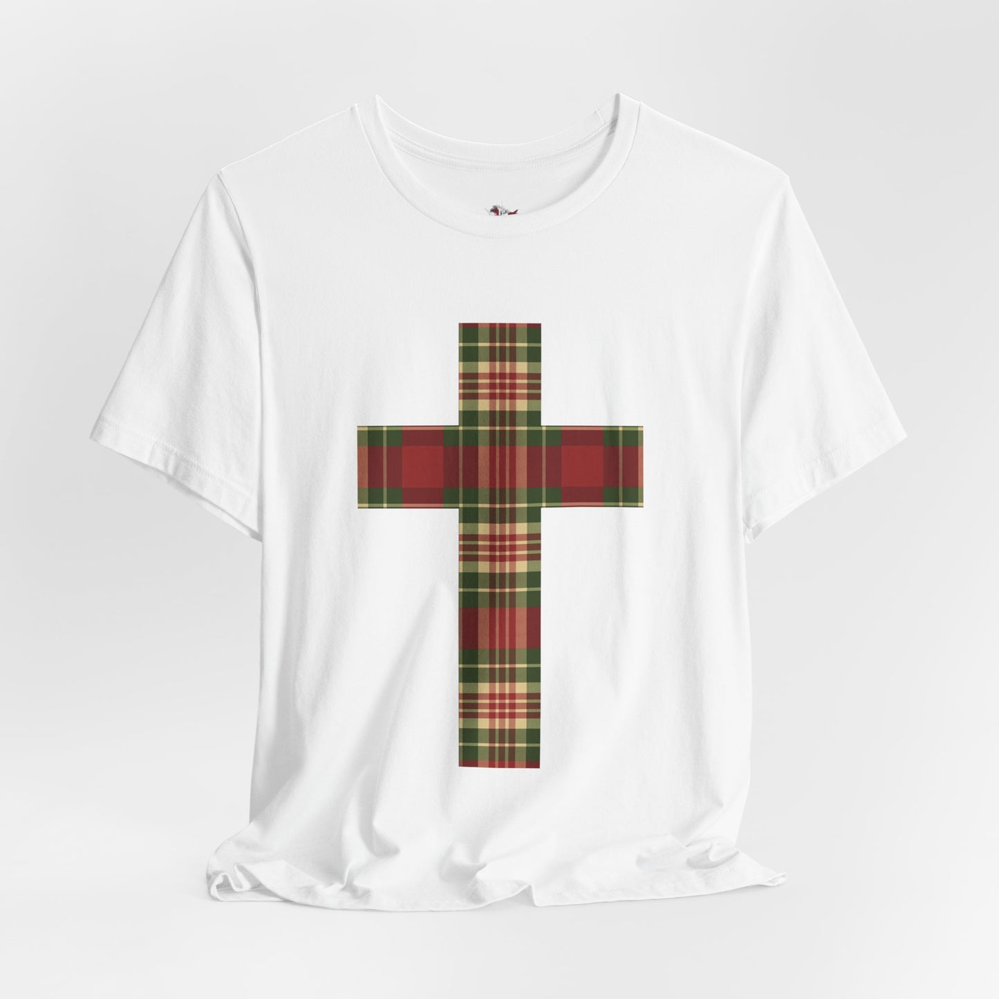 Plaid Cross Christmas Tee – Rustic Faith Holiday T-Shirt