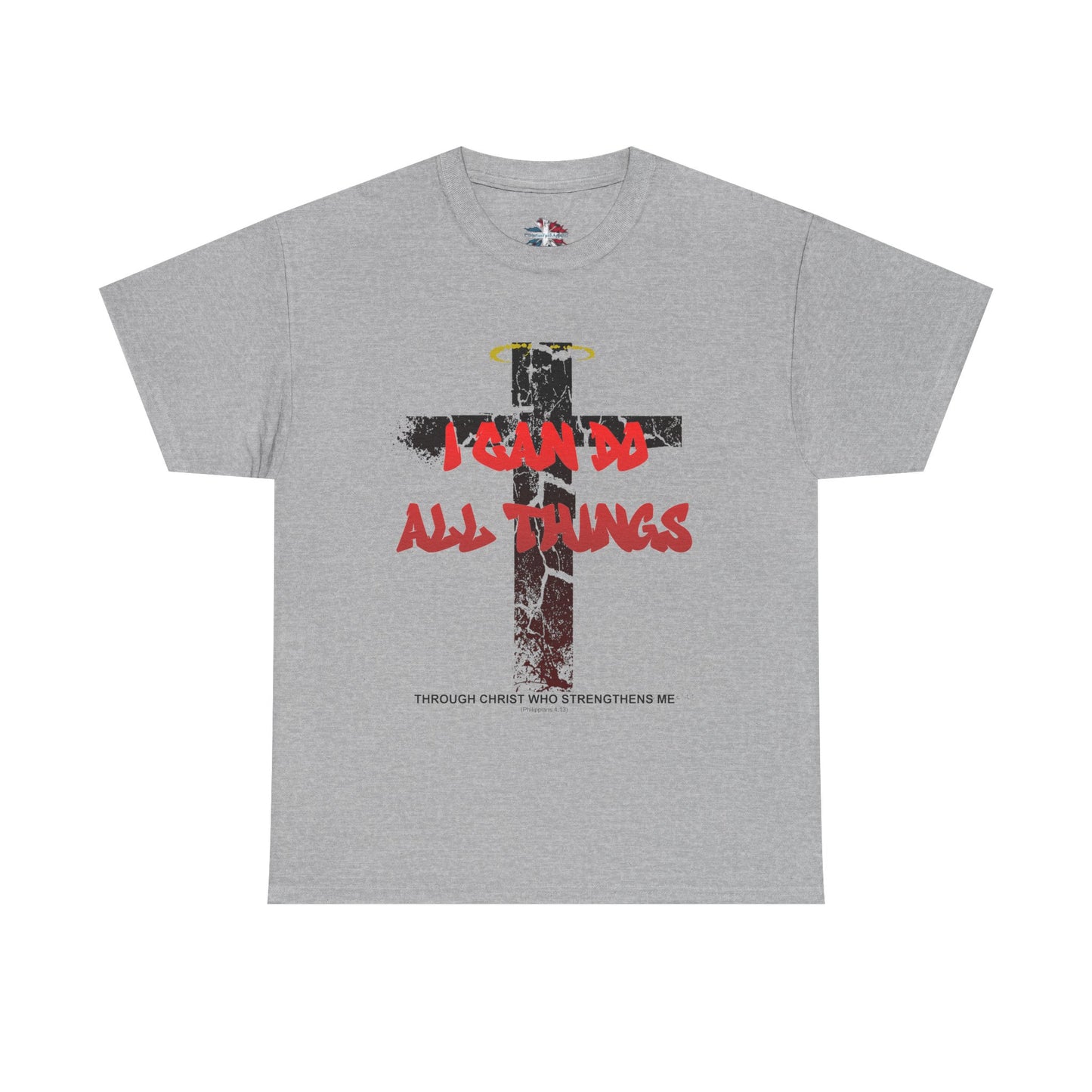 Shattered Cross Graffiti Philippians 4:13 Christian t-shirt with red distressed text integrated into cracked cross  

