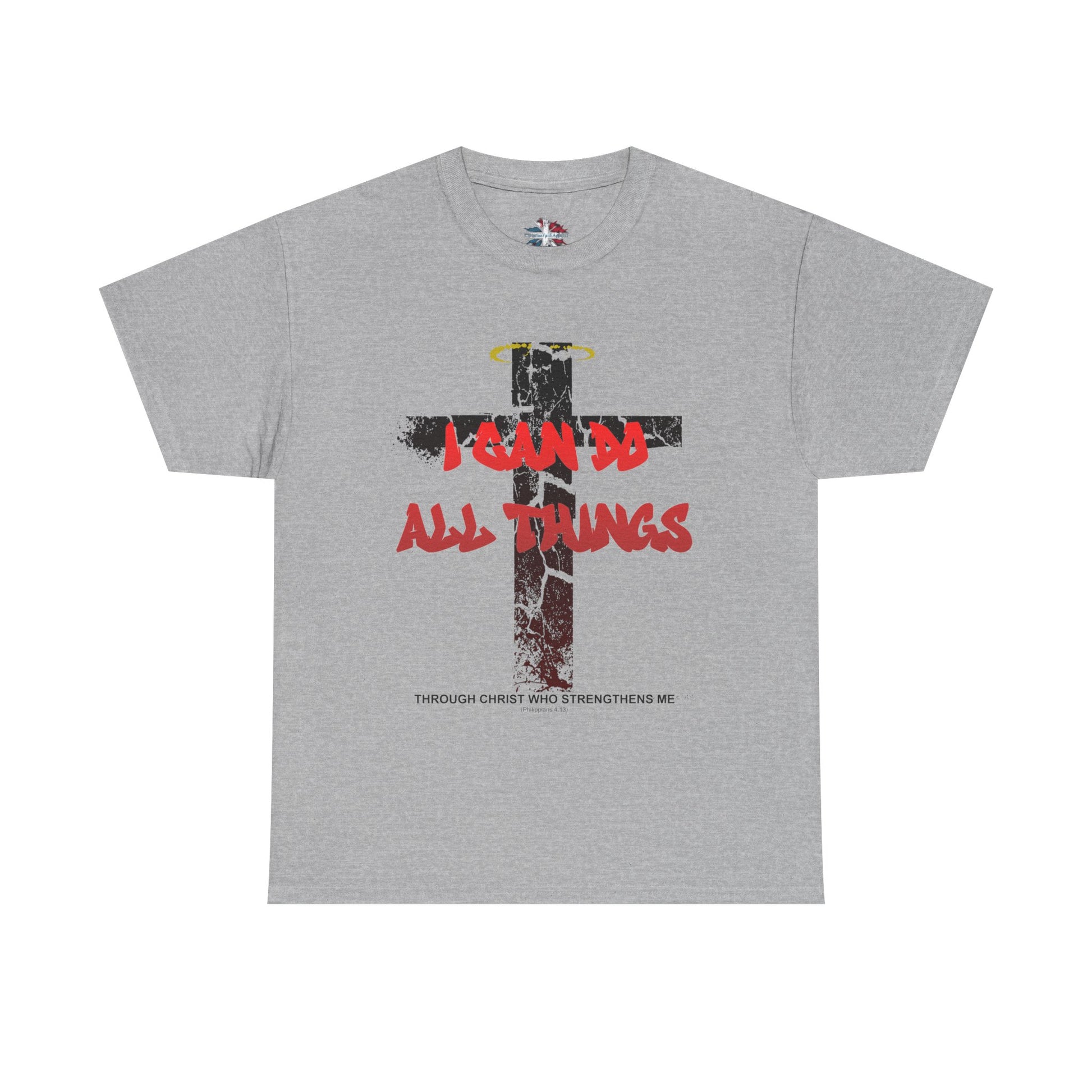 Shattered Cross Graffiti Philippians 4:13 Christian t-shirt with red distressed text integrated into cracked cross  

