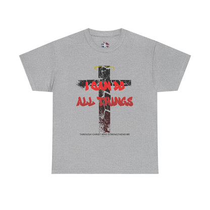 Shattered Cross Graffiti Philippians 4:13 Christian t-shirt with red distressed text integrated into cracked cross  

