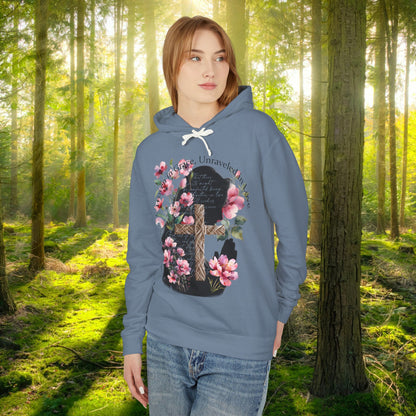 Woven in Grace Hoodie - Pink Floral Faith Verse Pullover with Cross & Prayer Silhouette