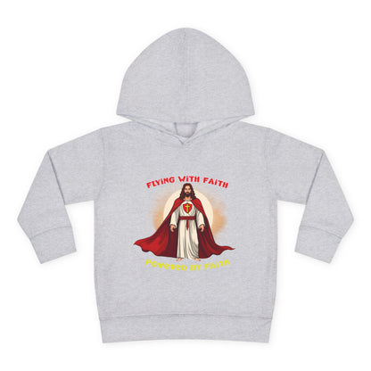 Toddler blue hoodie with Flying with Faith text and superhero Jesus graphic, vibrant Christian kids apparel

