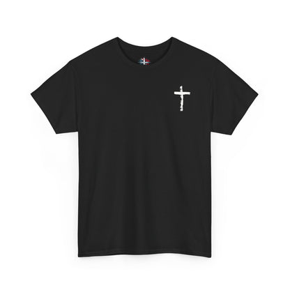 Men's black cotton T-shirt with white cross and John 3:16 Bible verse, Christian faith apparel.


