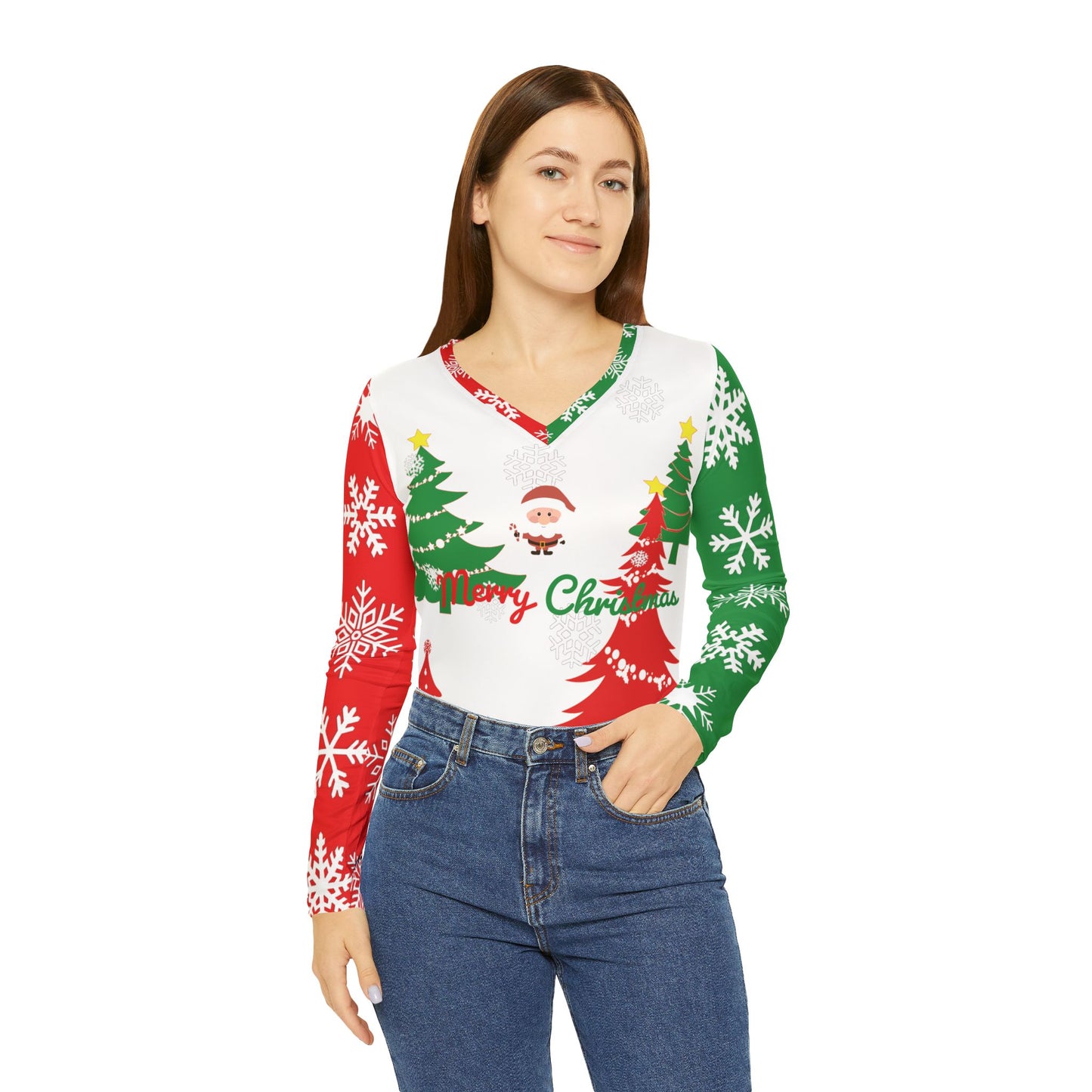 Women's Merry Christmas V-Neck Long Sleeve Shirt - Festive Santa Tree Sweater Top, Holiday Graphic Tee for Cozy Winter Outfits